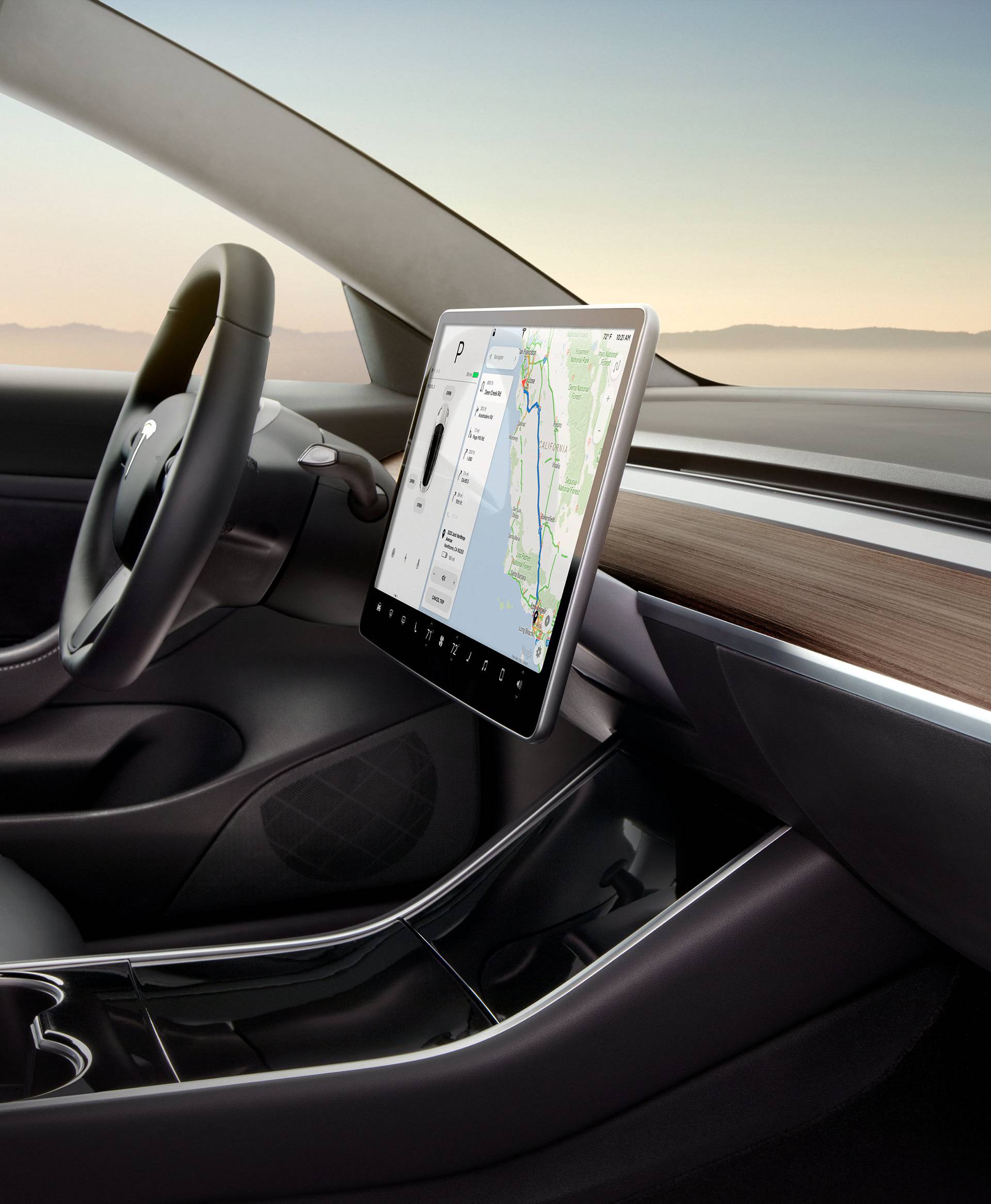 The interior of the Tesla Model 3 sedan is seen in this undated handout image as the car company handed over its first 30 Model 3 vehicles to employee buyers at the companyâs Fremont facility