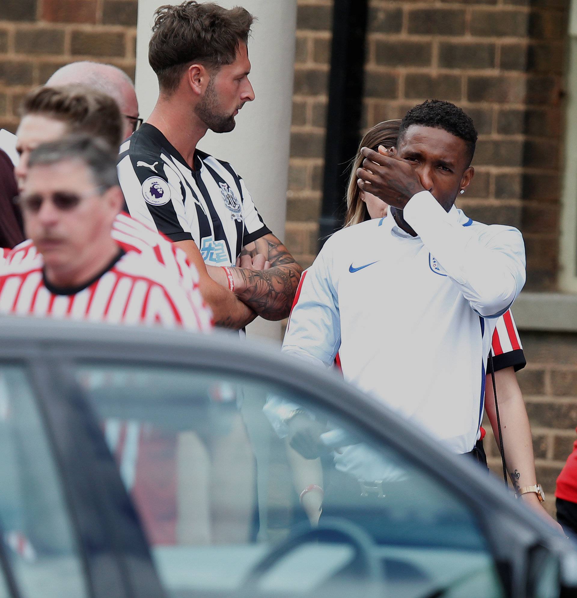 Footballer Jermain Defoe reacts ahead of the funeral of Bradley Lowery