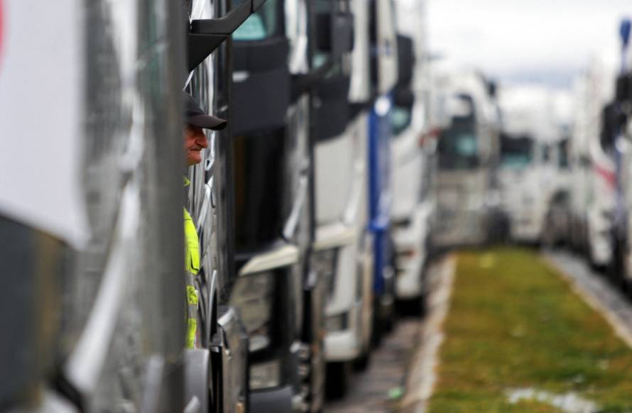 Protest by truck drivers and transport union representatives over disruptions linked to the European Union's new Entry-Exit System, in Gevgelija