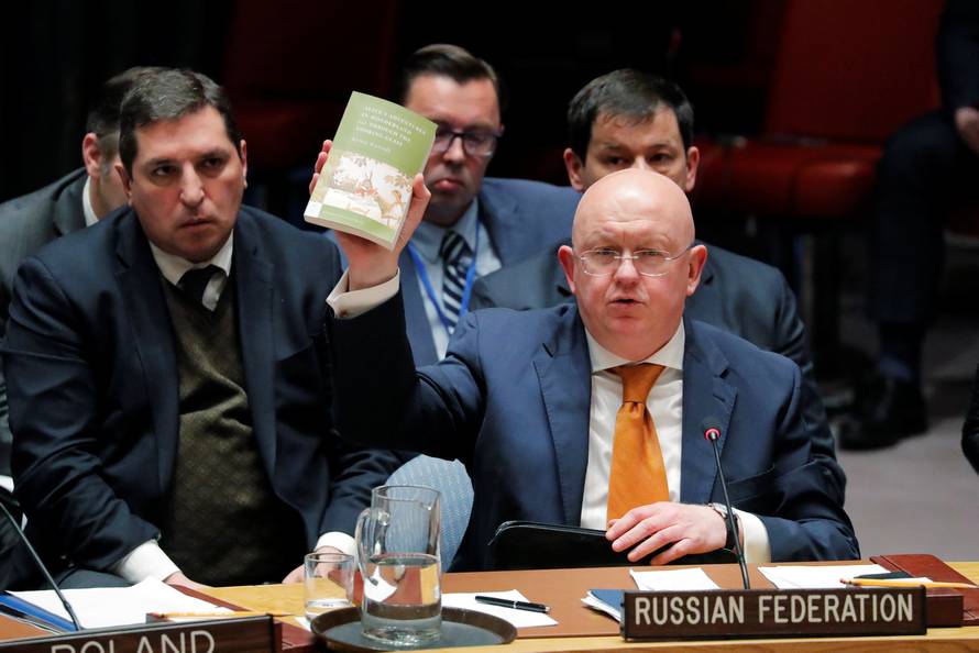 Russian Ambassador to the U.N., Nebenzya quotes from of "Alice's Adventures in Wonderland and Through the Looking Glass" as he speaks regarding an incident in Salisbury, during a meeting of the U.N. Security Council in New York