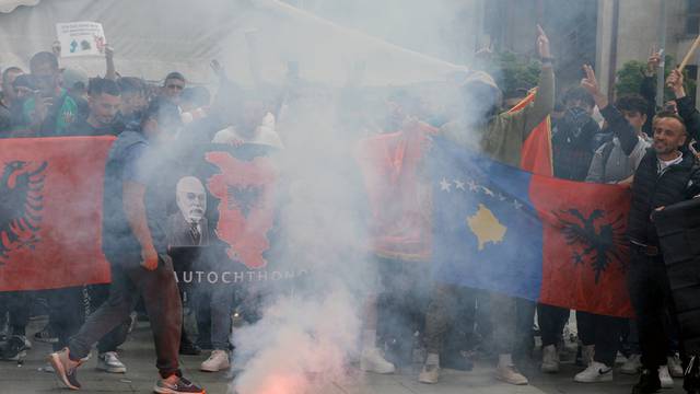 FILE PHOTO: Albanians protest near the bridge which connects south and north Mitrovica
