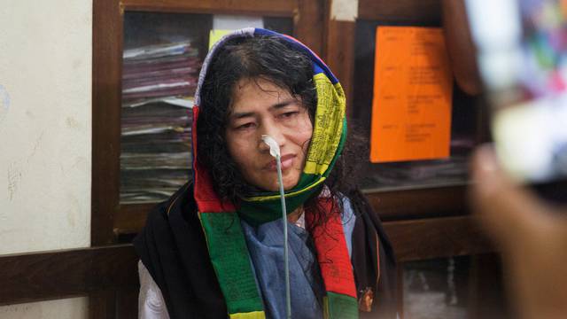 Indian human rights activist Irom Sharmila addresses a news conference in the northeastern city of Imphal