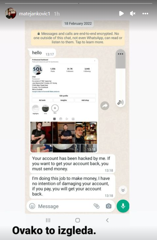 Chefu Mati Jankoviću hakirali Instagram, nije ga htio otkupiti: 'Ne mislim plaćati, to je suludo'