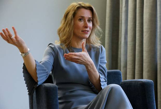 Estonian Prime Minister Kaja Kallas speaks during an interview with Reuters in Brussels