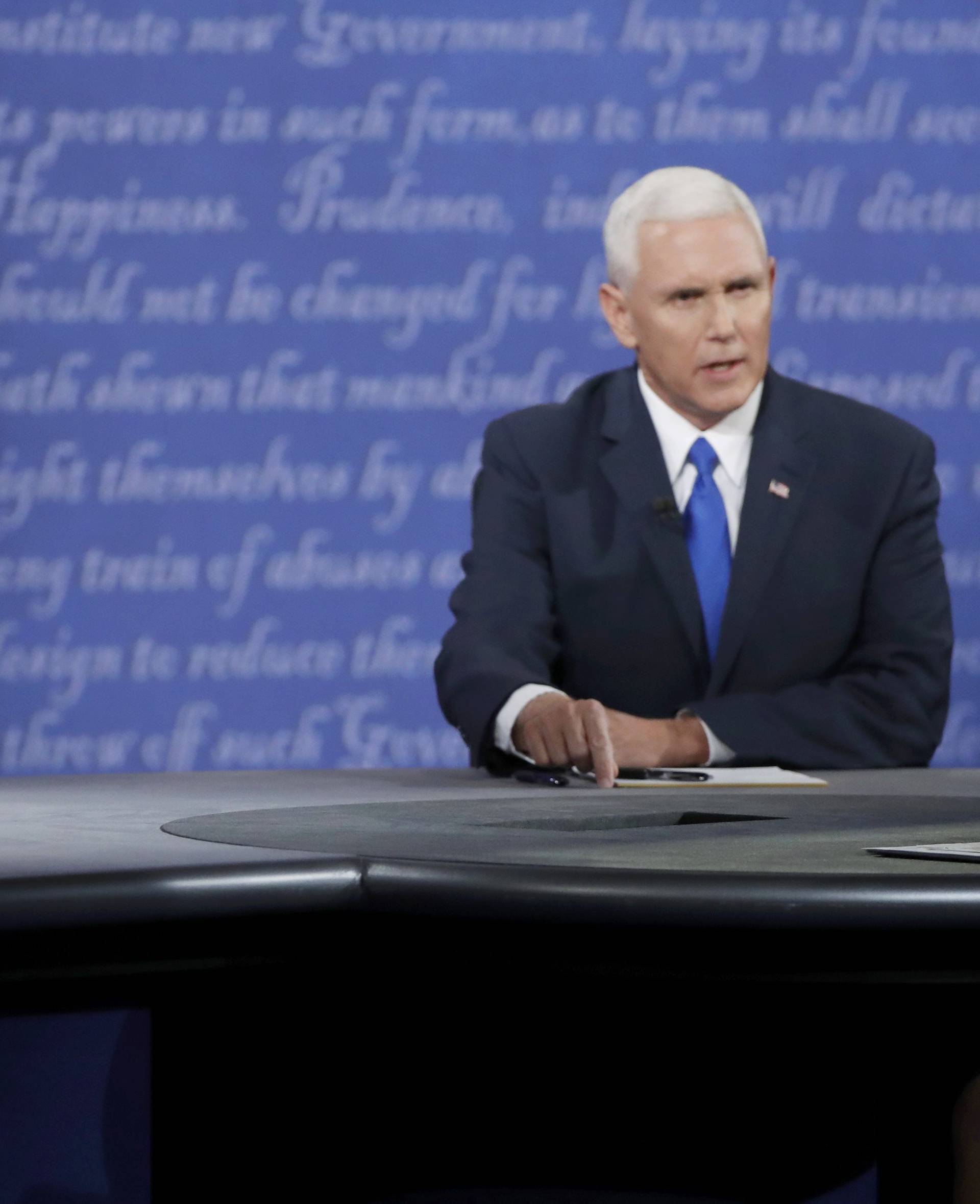 Democratic U.S. vice presidential nominee Senator Tim Kaine and Republican U.S. vice presidential nominee Governor Mike Pence debate during their vice presidential debate at Longwood University in Farmville