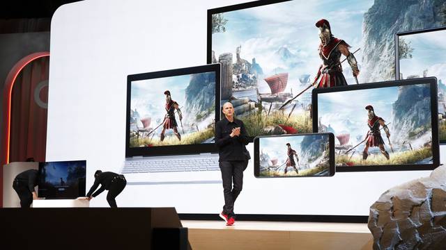 Google vice president and general manager Phil Harrison speaks during a Google keynote address announcing a new video gaming streaming service named Stadia at the Gaming Developers Conference in San Francisco