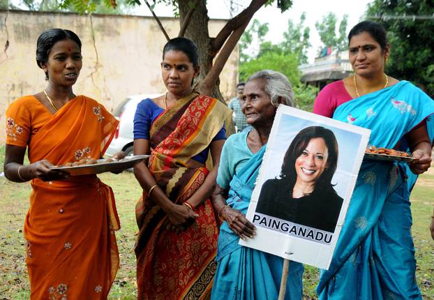 Villagers celebrate victory of U.S. Vice President-elect Kamala Harris in Painganadu