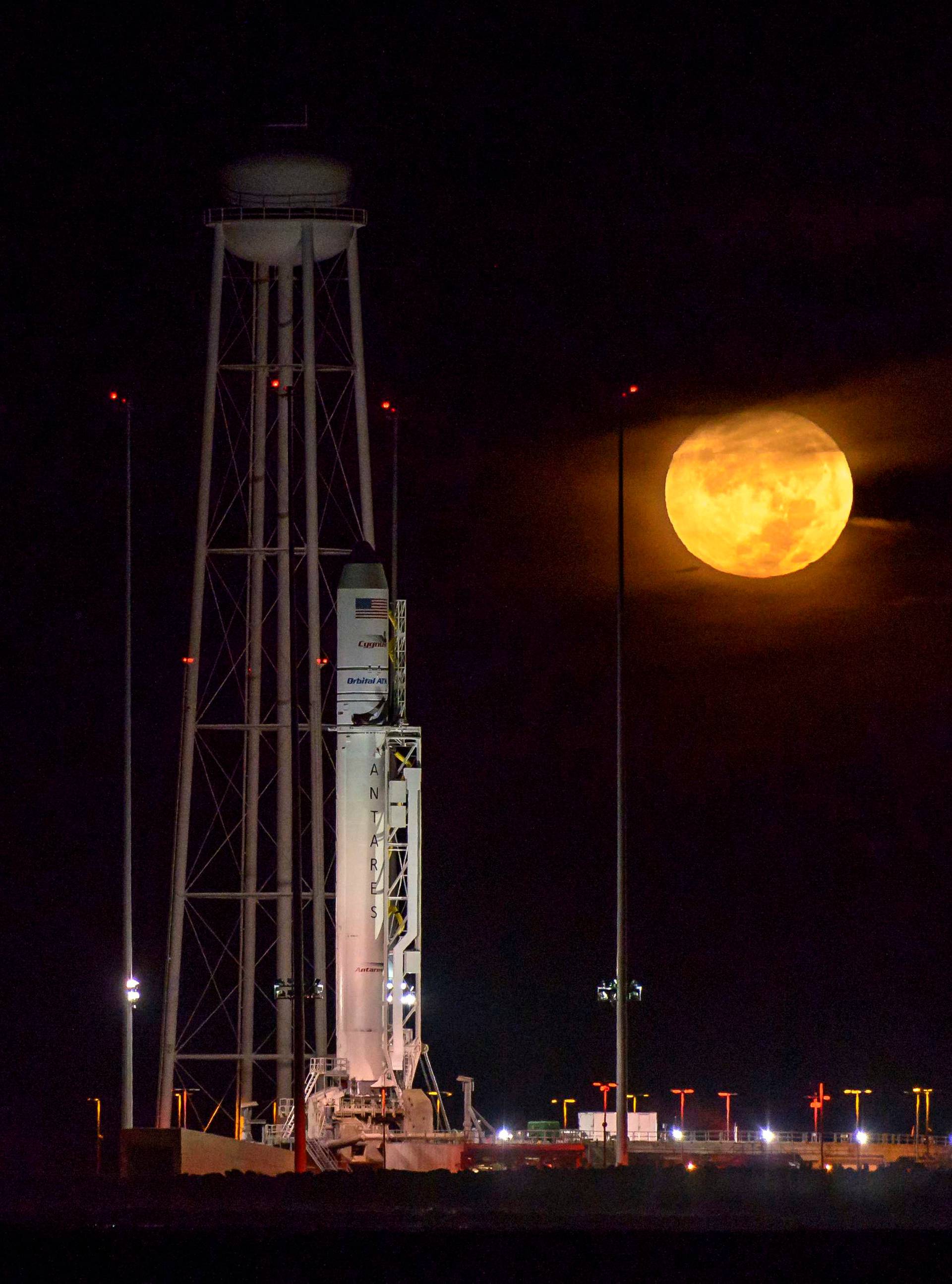 The Orbital ATK Antares rocket, with the Cygnus spacecraft onboard, is seen on launch Pad-0A,  at NASA's Wallops Flight Facility in Virginia