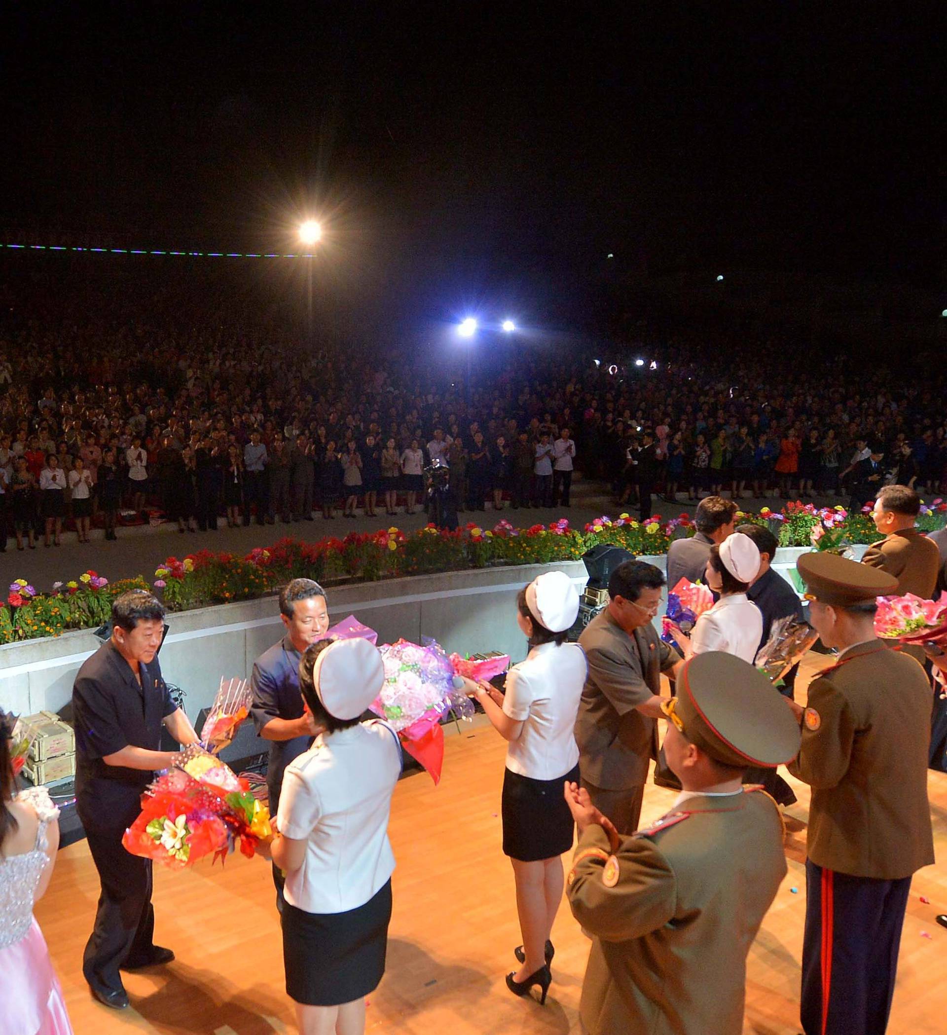 Artists of the Moranbong Band, the State Merited Chorus and the Wangjaesan Art Troupe perform in Wonsan City of Kangwon Province