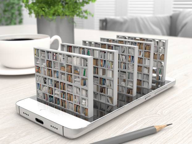Bookcase,With,Books,On,A,Smartphone,Screen,On,A,Desktop.