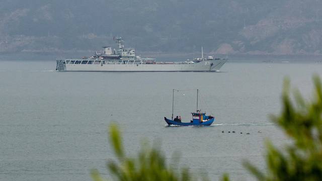 A Chinese warship takes part in a military drill off the Chinese coast near Fuzhou, Fujian Province