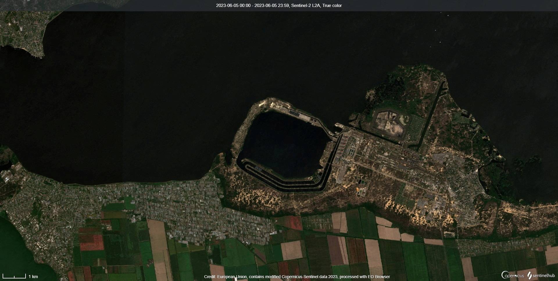 A satellite image shows the water level of the Dnipro river near the Zaporizhzhia Nuclear Power Plant