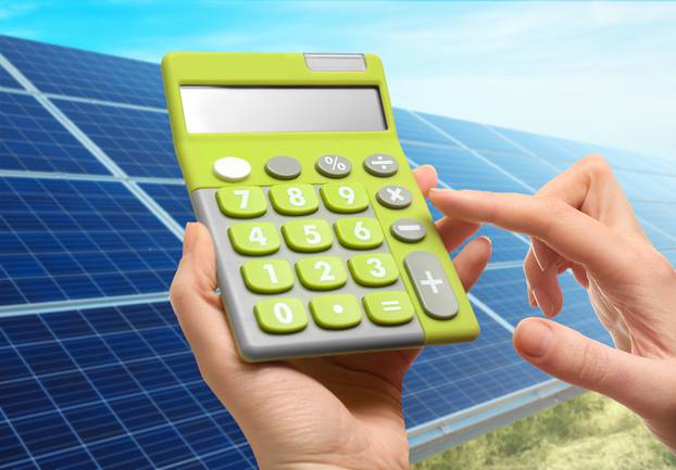 Woman,Holding,Calculator,And,Solar,Panels,On,Background.,Reduction,Of