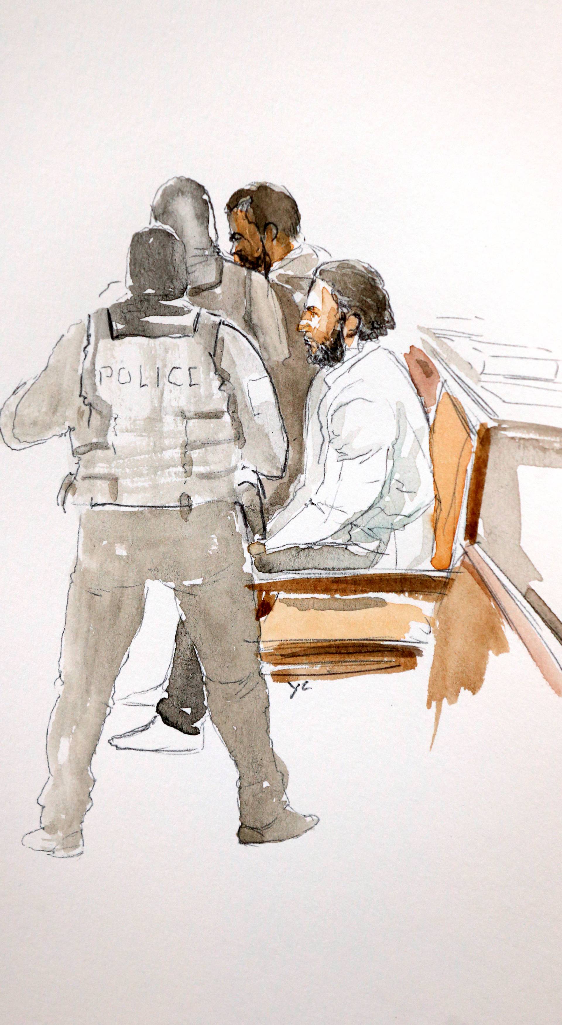 A court artist drawing shows Salah Abdeslam, one of the suspects in the 2015 Islamic State attacks in Paris, in court during his trial in Brussels