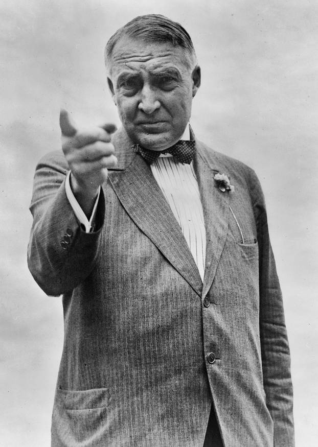 Warren G. Harding half-length portrait, standing, facing front, gesturing with right hand, index finger extended. 1920 USA Presidential Campaign