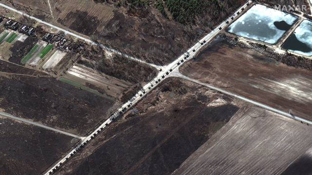 A satellite image shows a military convoy near Invankiv