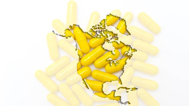 Outline map of north america with pills in the background for he