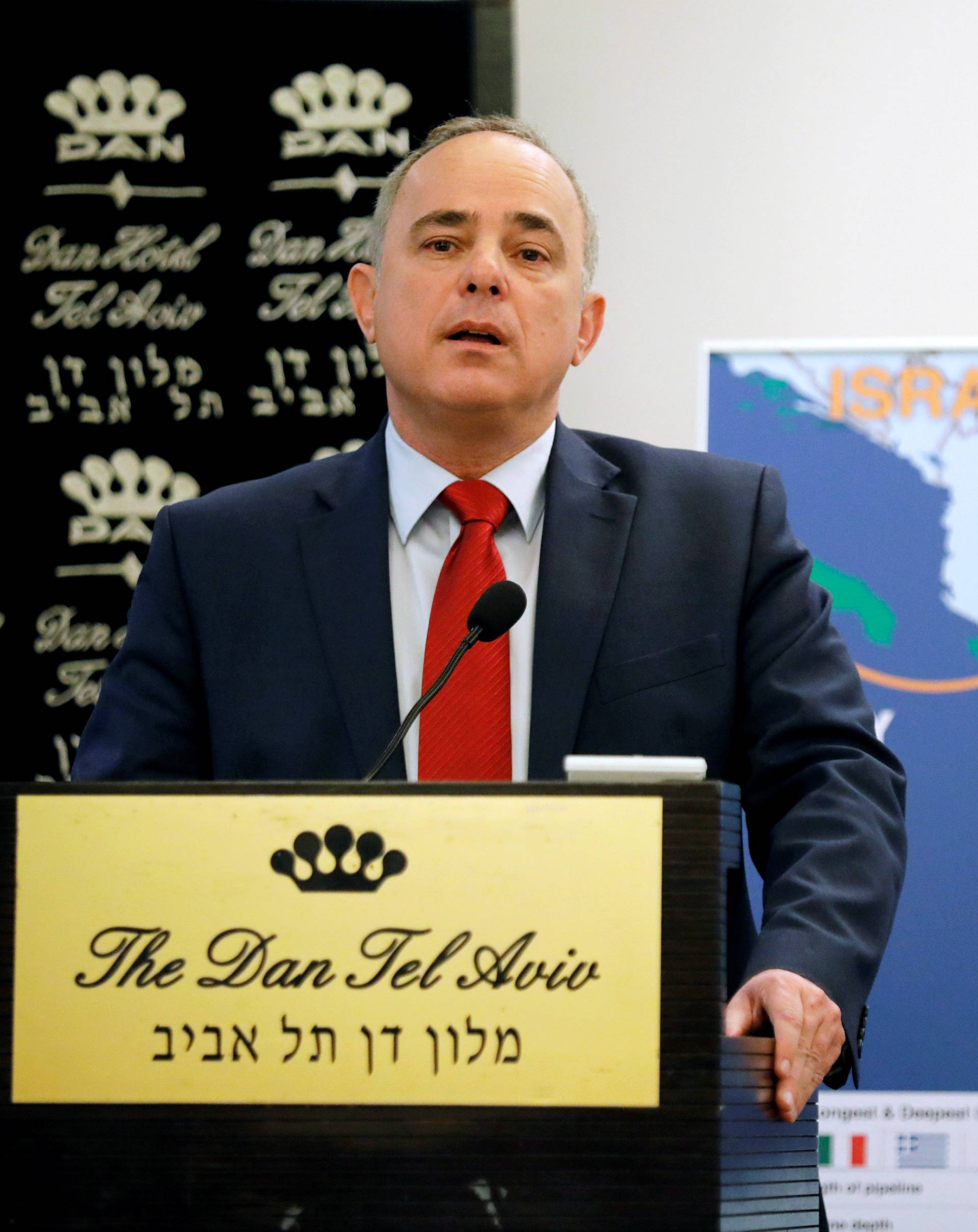 Israel's Energy minister Yuval Steinitz speaks during a news conference with his European counterparts, in Tel Aviv