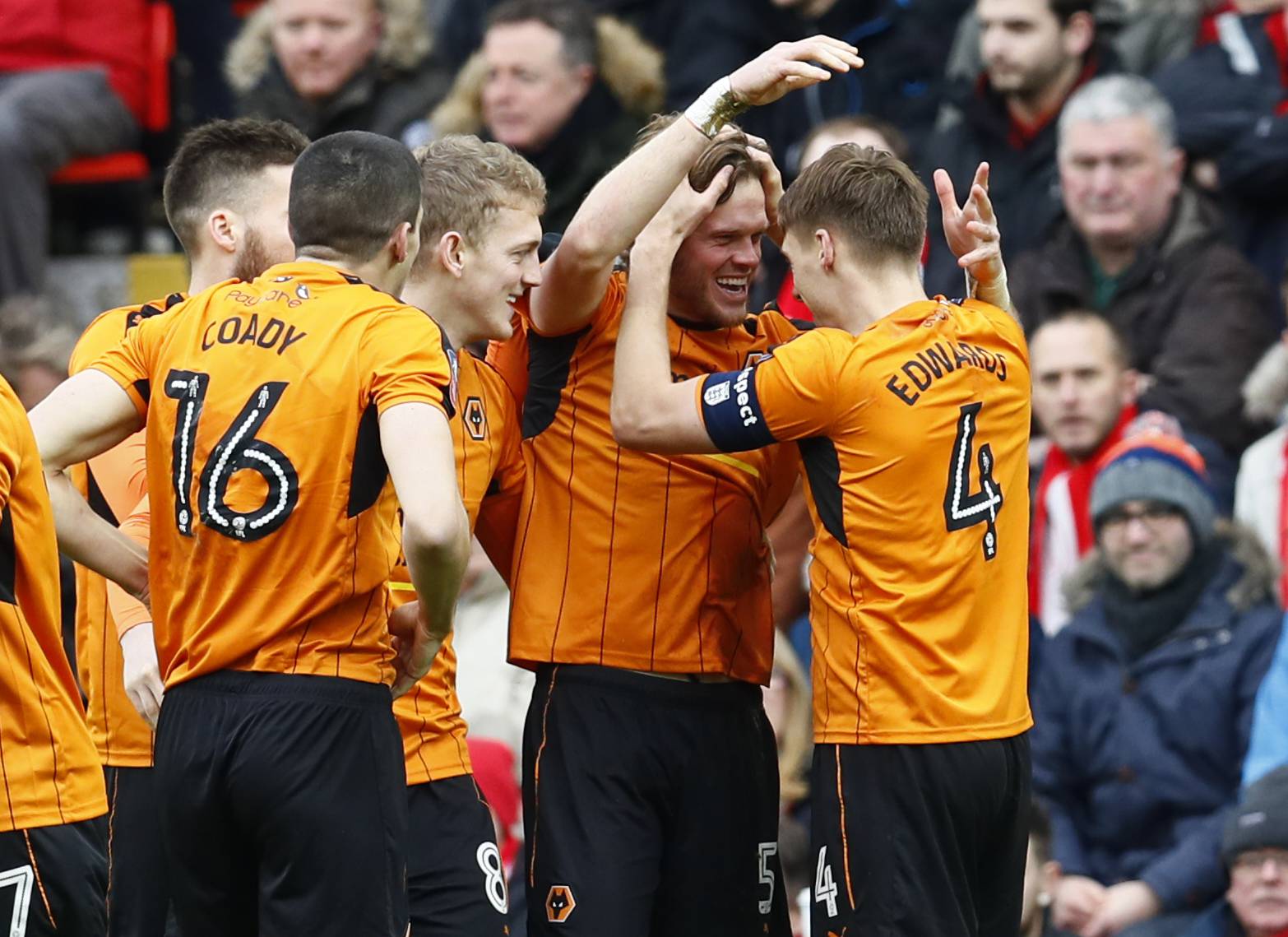 Wolverhampton Wanderers' Richard Stearman celebrates scoring their first goal with team mates