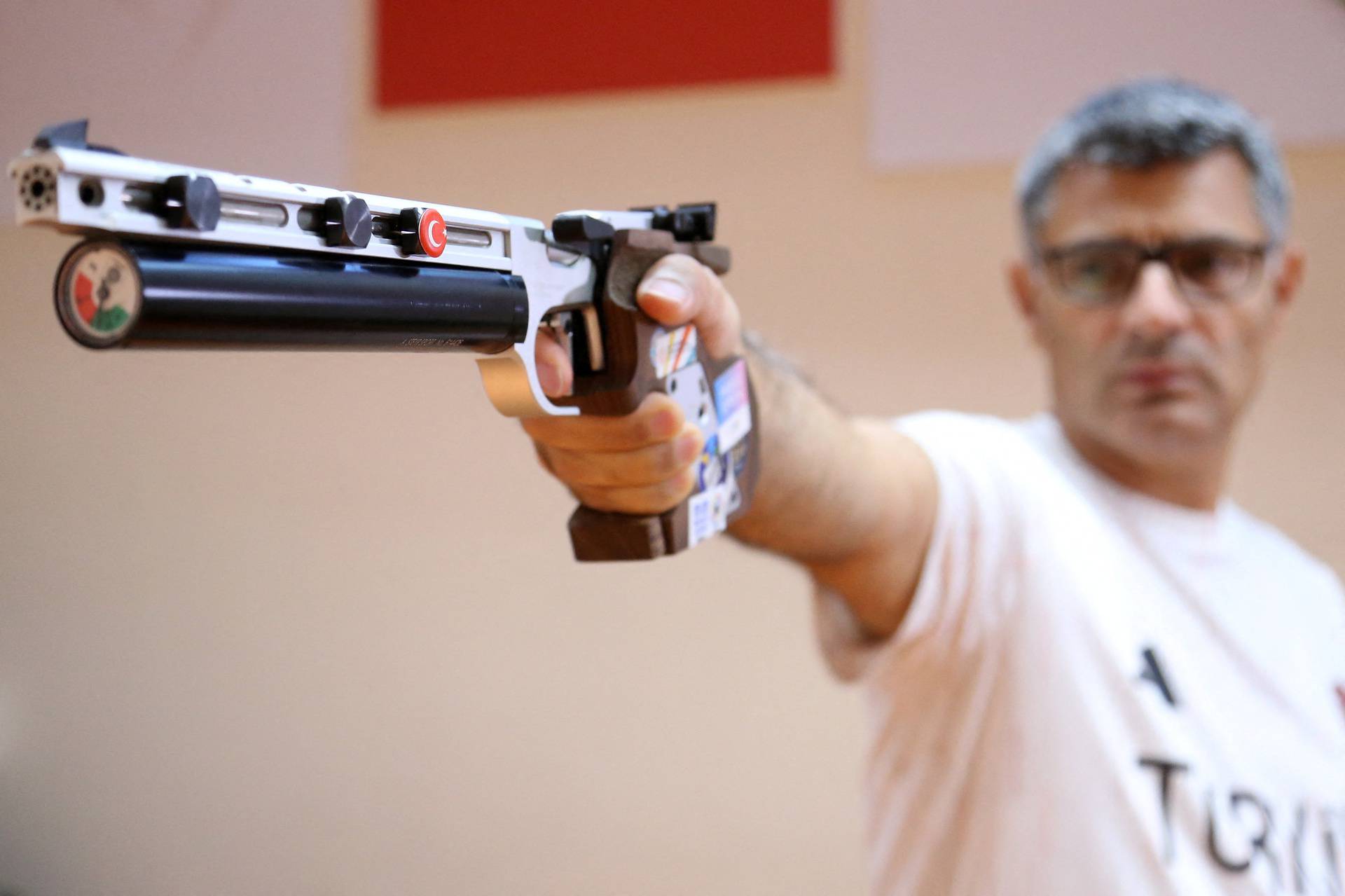 Turkish shooter Yusuf Dikec is pictured during a training in Ankara