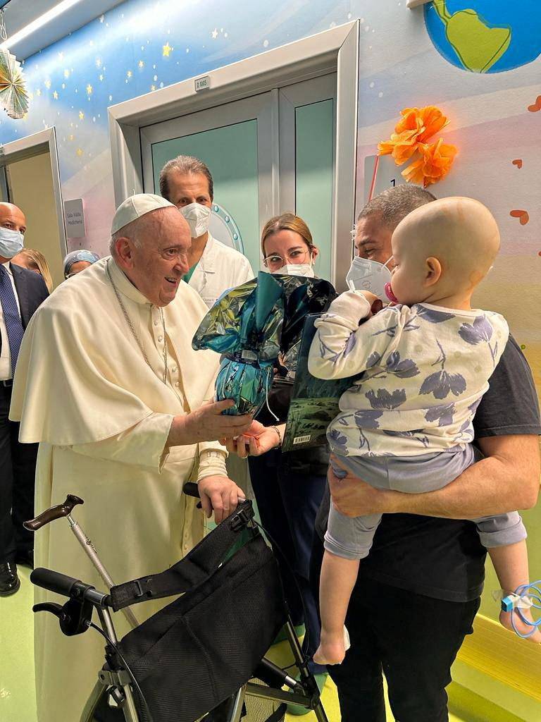 Pope Francis visits the children's cancer ward at the Gemelli hospital in Rome