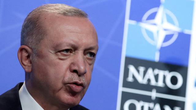 FILE PHOTO: Turkey's President Tayyip Erdogan holds a news conference during the NATO summit at the Alliance's headquarters in Brussels, Belgium