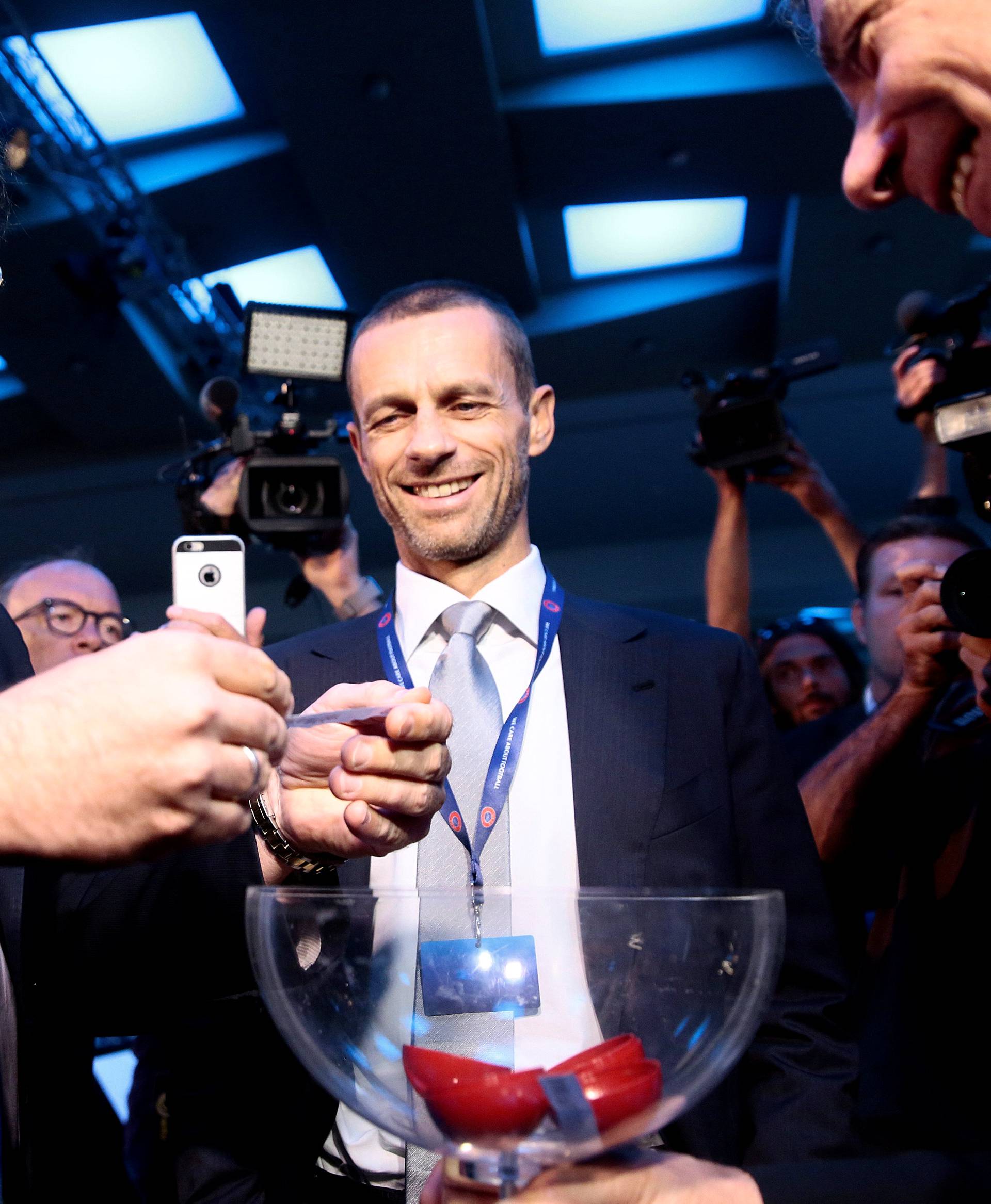 UEFA General Secretary Theodoridis and President of the Football Association of Slovenia and candidate for the UEFA presidency Ceferin are seen before the electoral procedure for the new UEFA President