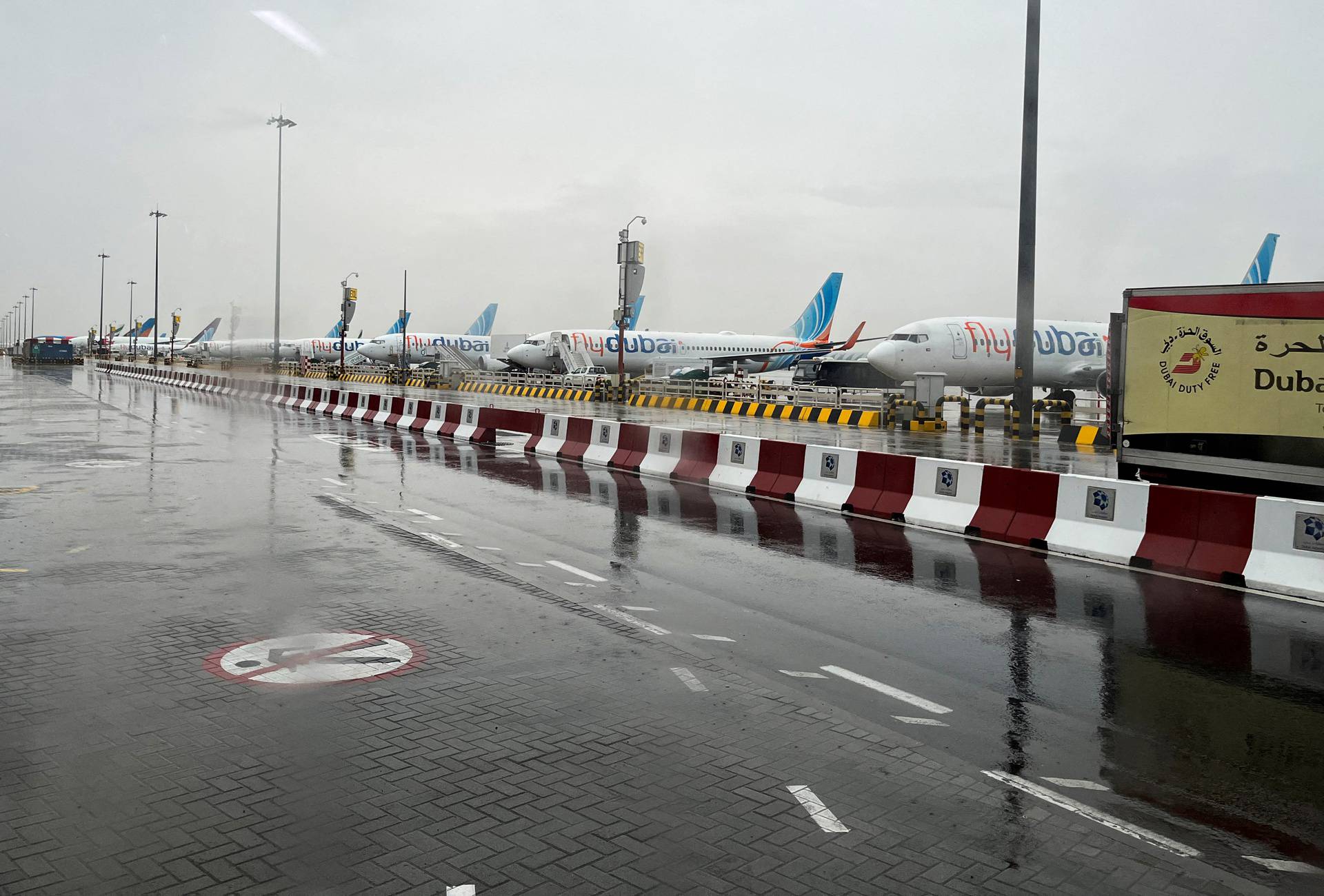 FILE PHOTO: A general view from inside a bus of flydubai aircraft at Dubai International Airport