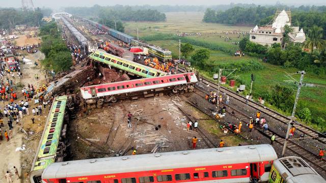 A drone view shows derailed coaches after two passenger trains collided in Balasore