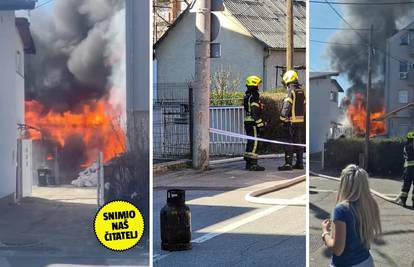 VIDEO Snimka požara garaže na  Ferenščici: S udaljenosti gasili vatru zbog straha od eksplozija