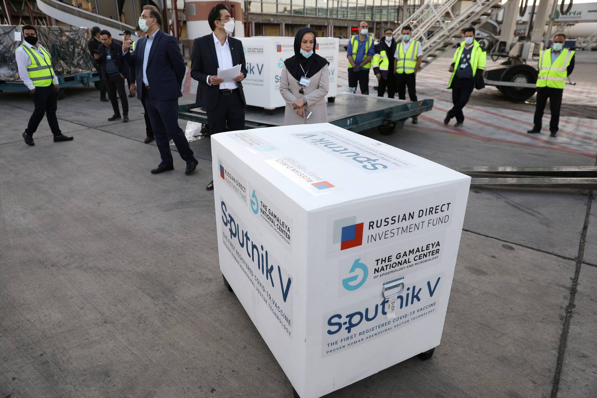 A package of the first shipment of Russia’s Sputnik V vaccine against the coronavirus disease (COVID-19) is seen at Imam Khomeini Airport in Tehran