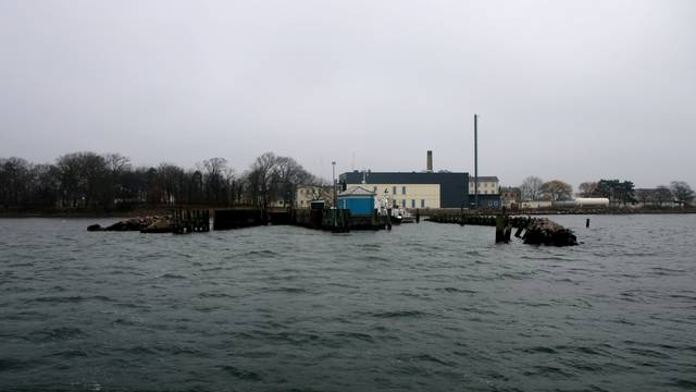 Buildings are seen on Lindholm Island