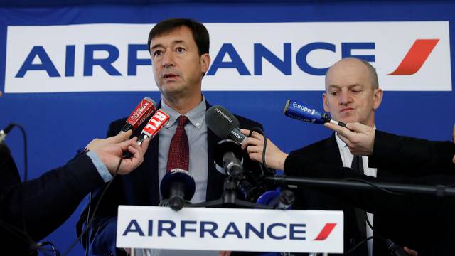 Franck Terner, CEO of Air France, and Chief Operating Officer Alain-Herve Bernard attend a news conference about flights travel delays and disruptions on the eve of a strike called by worker unions over pay, in Paris
