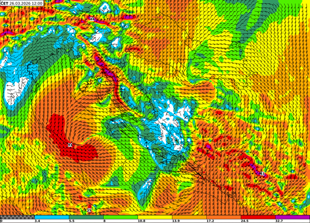 Slika 3. Prognosti&ccaron;ka karta udara vjetra (m/s) u &ccaron;etvrtak 26. o&zcaron;ujka 2026. u 13 h po lokalnom vremenu. Izvor: Aladin (4 km)