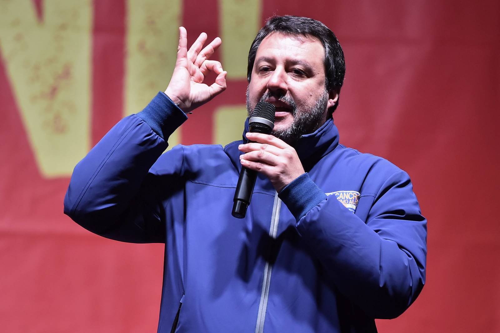 Leader of Italy's far-right League party Matteo Salvini gestures as he speaks during a rally ahead of regional election in Emilia-Romagna, in Bibbiano