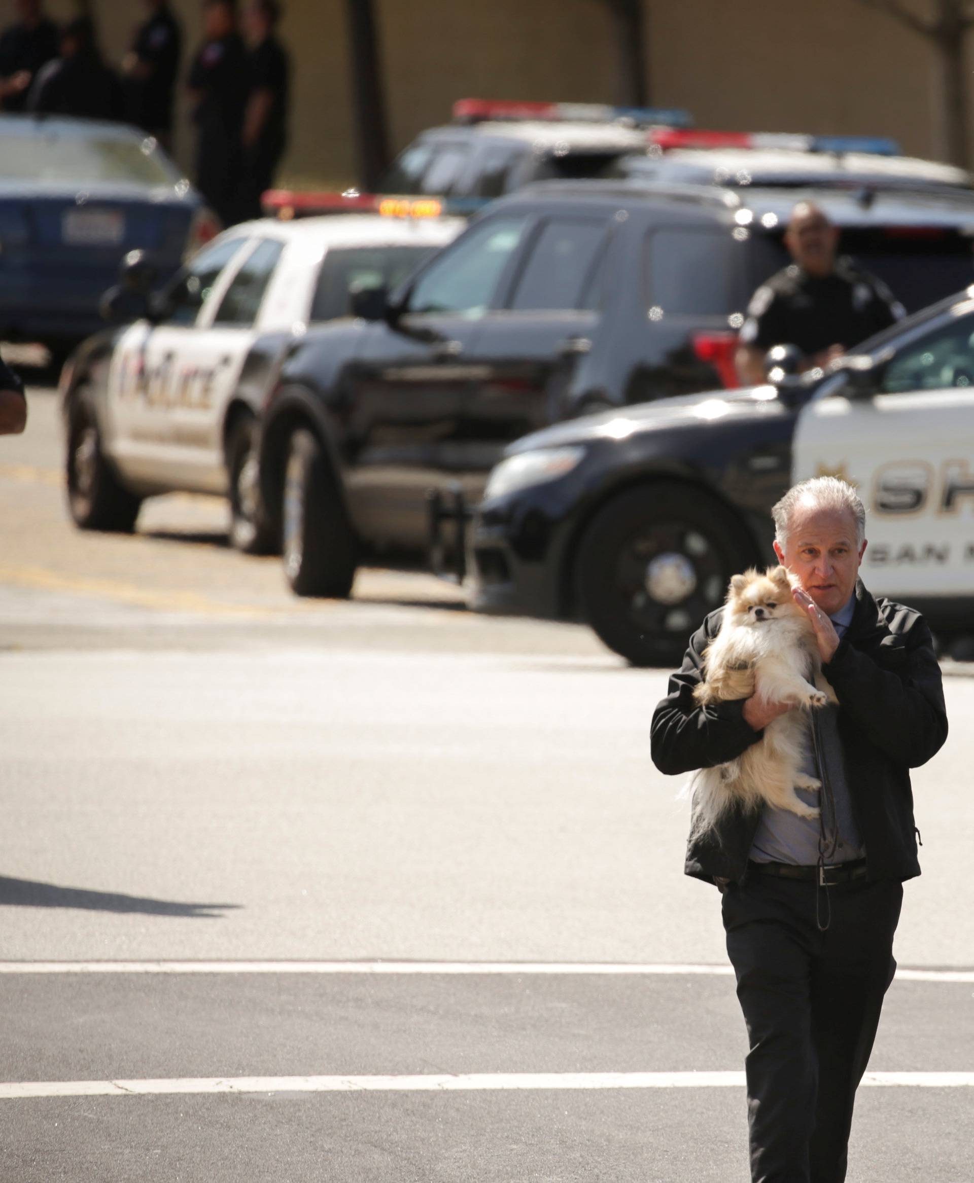Burlingame police chief Eric Wollman pets Kimba while bringing him to his owner following an active shooter situation at Youtube headquarters in San Bruno, California