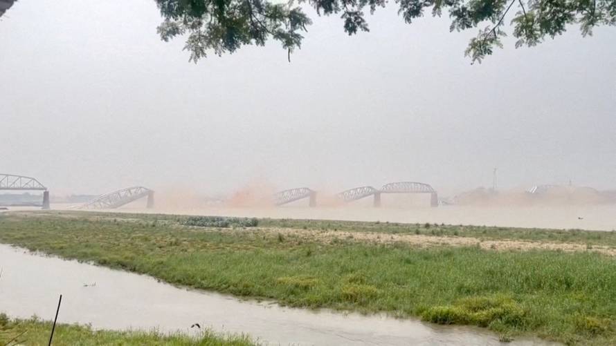 A general view of collapsed Ava bridge following the earthquake in Mandalay