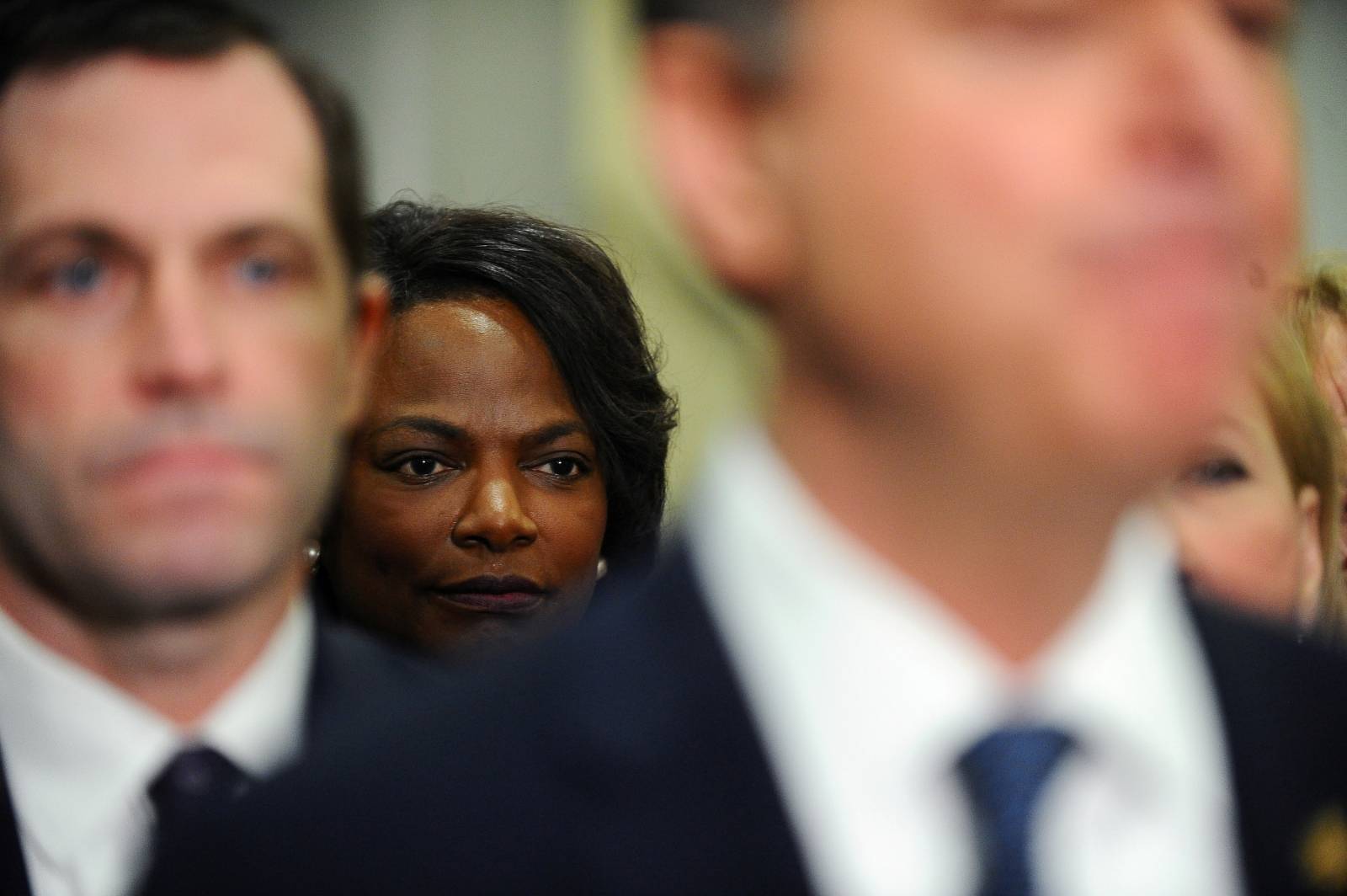 Rep. Val Demings (D-FL) listens to fellow House Managers Rep. Adam Schiff (D-CA) (not pictured) during a news conference near the Senate Subway to discuss the Senate impeachment trial of President Trump in Washington