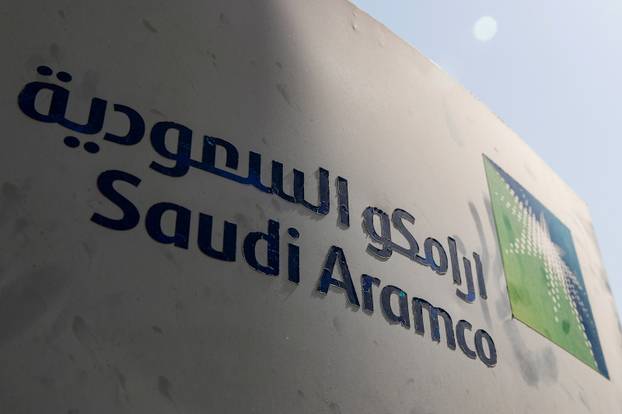 Saudi Aramco logo is pictured at the oil facility in Khurais
