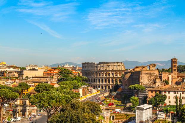 Scene of ancient Rome city with Colosseum, Italy