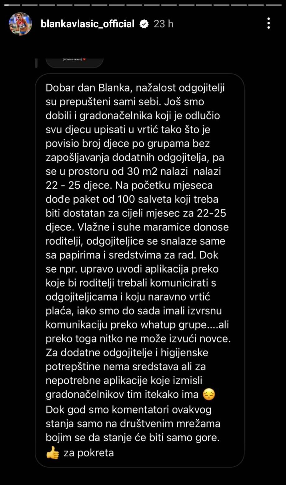 Blanka Vlašić objavila priče teta iz vrtića: 'Nemoguće je i fizički, a i psihički, jad i čemer sustava'