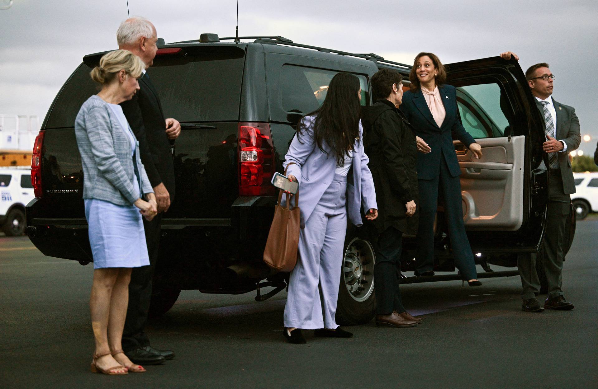 U.S. Vice President and Democratic presidential candidate Kamala Harris and Second Gentleman Doug Emhoff  depart from Philadelphia