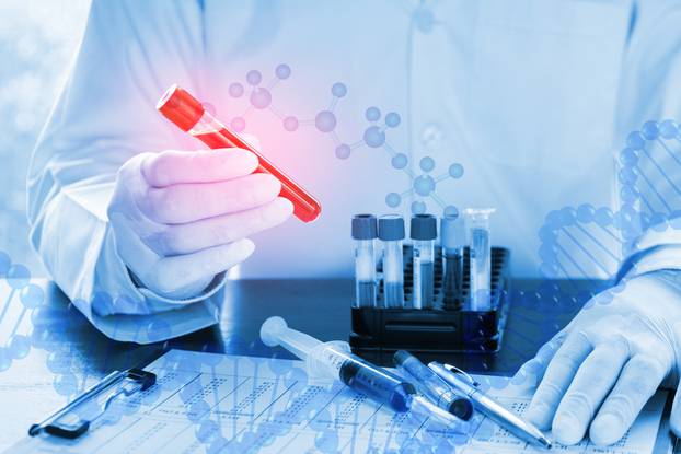 Double exposure of close up of DNA testing of the blood