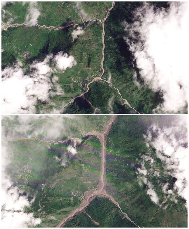 A combination of satellite images show Syapru Besi before and after a flash flood