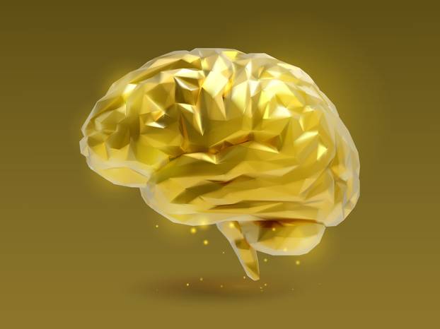 Polygonal golden brain glowing on gold BG
