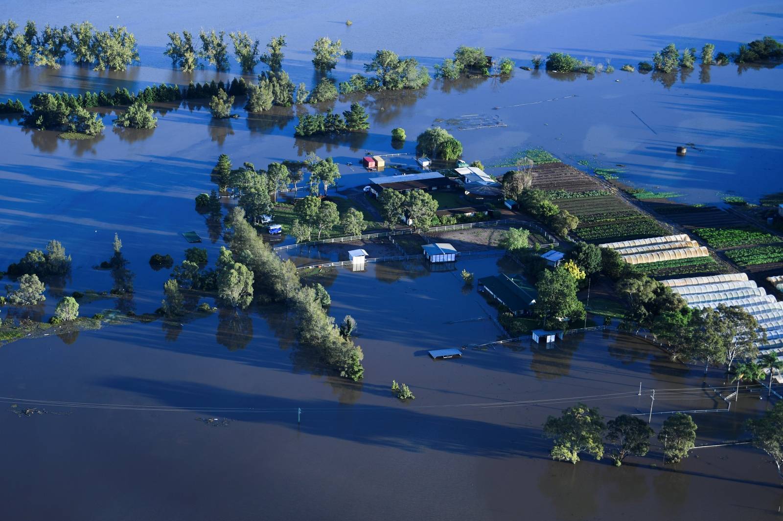 Flood affected areas are seen from a helicopter in the Windsor area near Sydney