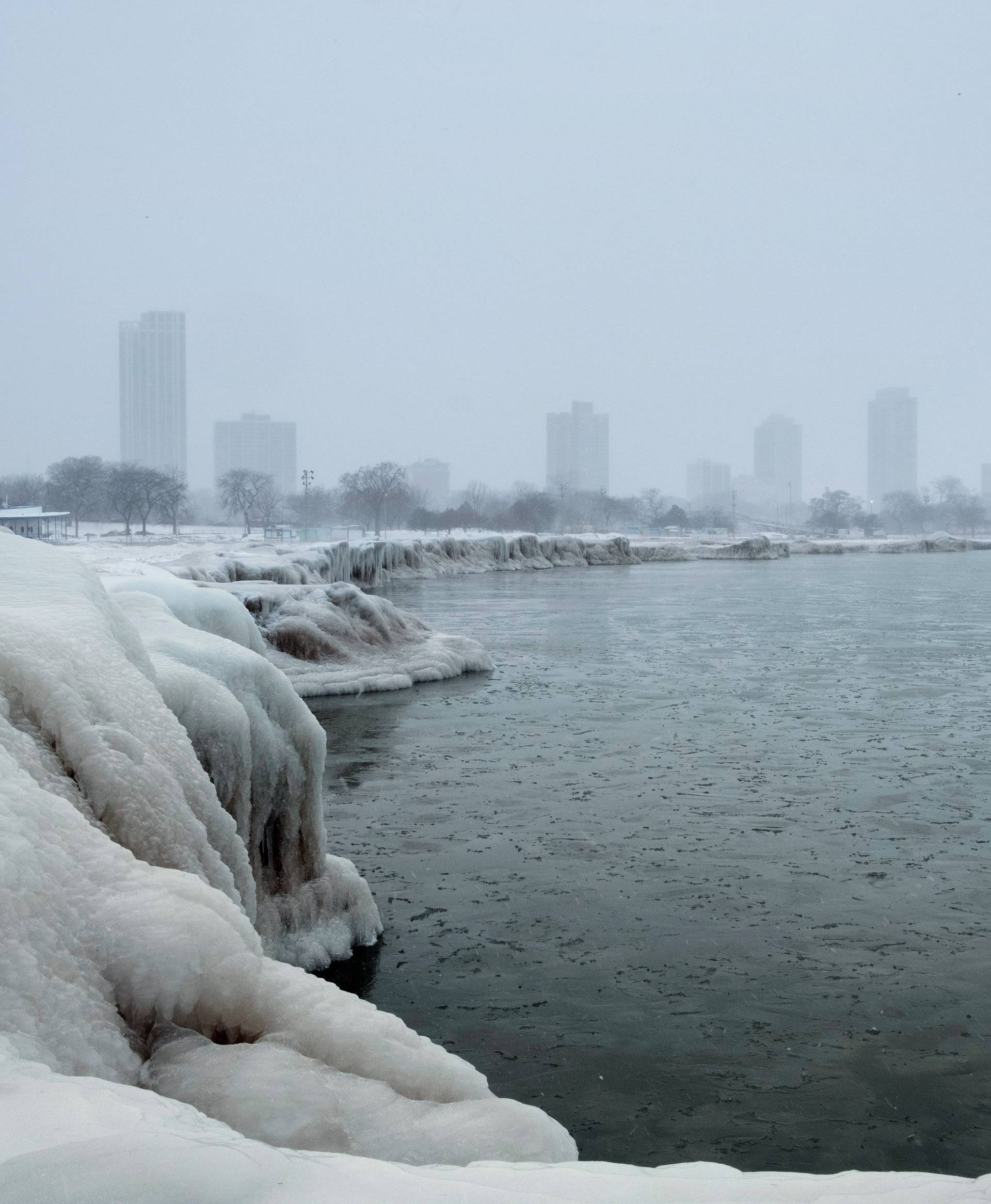 The city skyline is seen from the North Avenue Beach at Lake Michigan as bitter cold phenomenon called the polar vortex has descended on much of the central and eastern United States