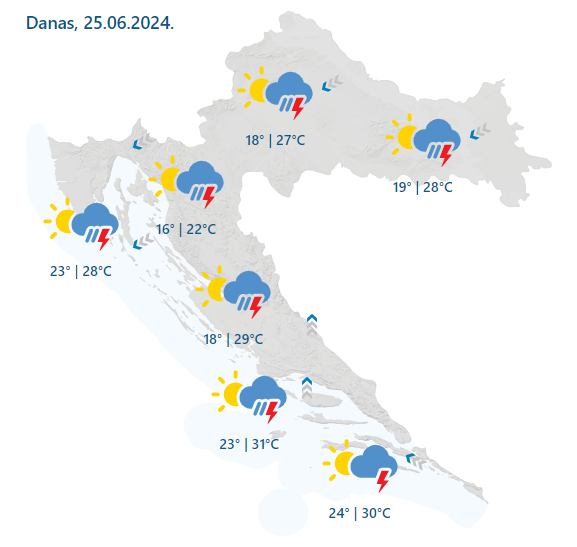 Tri regije u žutom, jedna je u narančastom: Posvuda kiša i grmljavina, mogući i pljuskovi