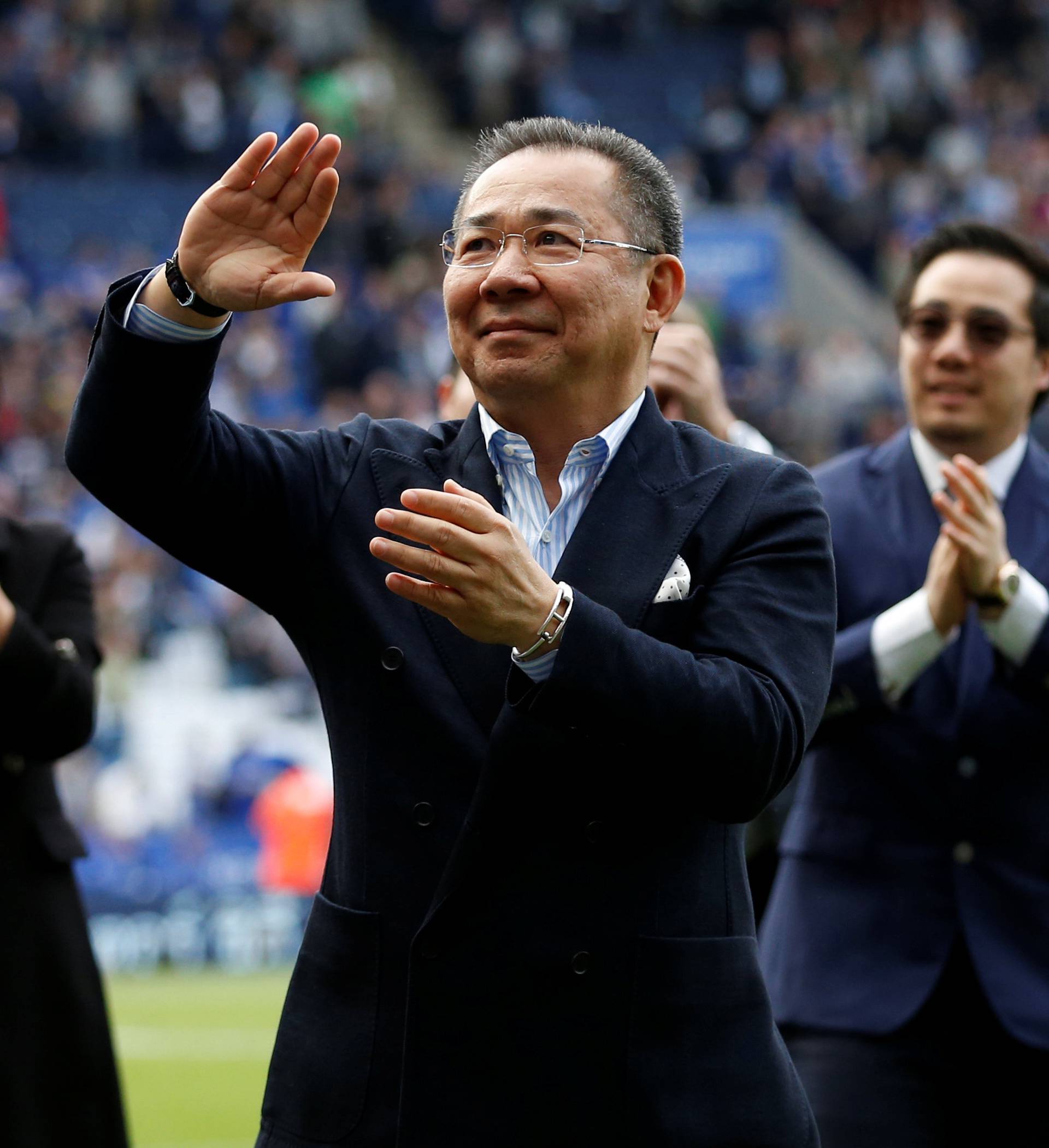 FILE PHOTO: Leicester City chairman Vichai Srivaddhanaprabha acknowledges fans after the game