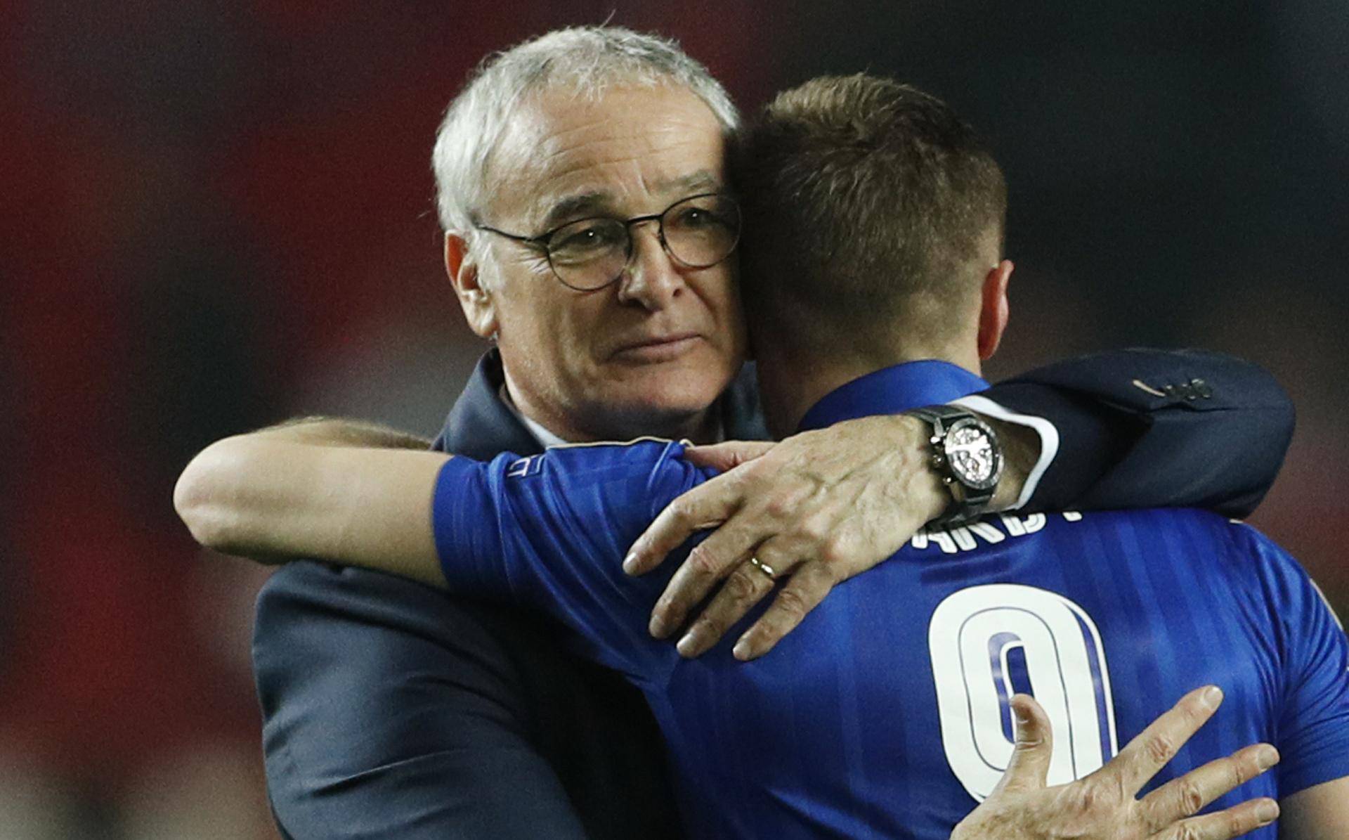 Leicester City's Jamie Vardy and Leicester City manager Claudio Ranieri after the match